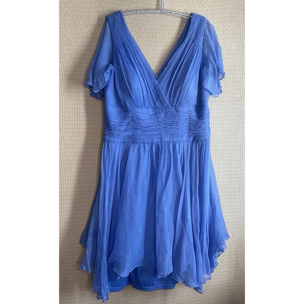 JC Collections Blue 100% Silk Chiffon Mini‎ Dress Women's Size 16 Wedding Party - Picture 3 of 15
